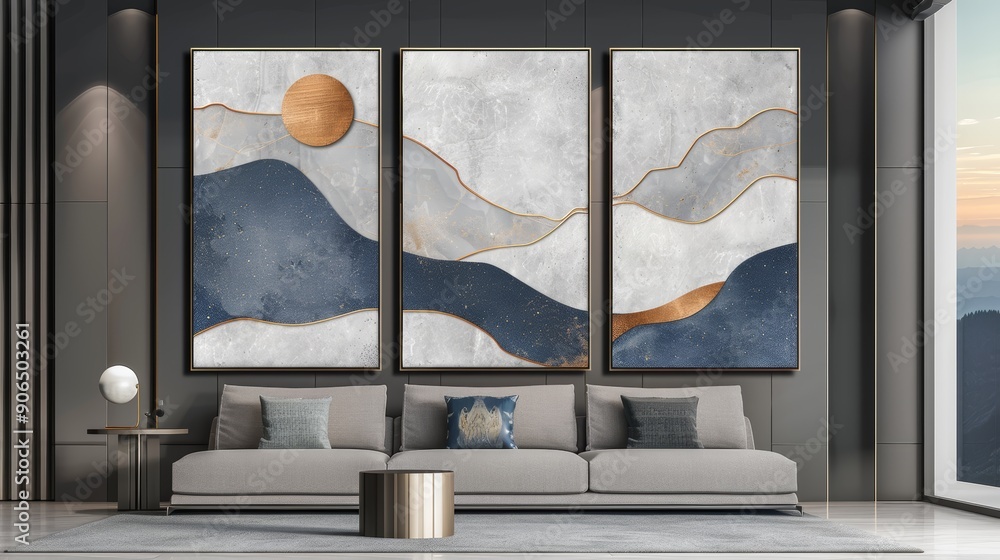 Abstract landscape painting with blue and gold hues, perfect for modern home decor. Three-panel art set. Abstract landscape painting with blue and gold hues, perfect for modern home decor. Three-panel art set.