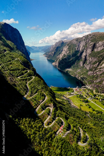 Winding Roads of Norway's Majestic Fjords Under a Clear Blue Sky, Lysefjord Lysebotn Norway photo