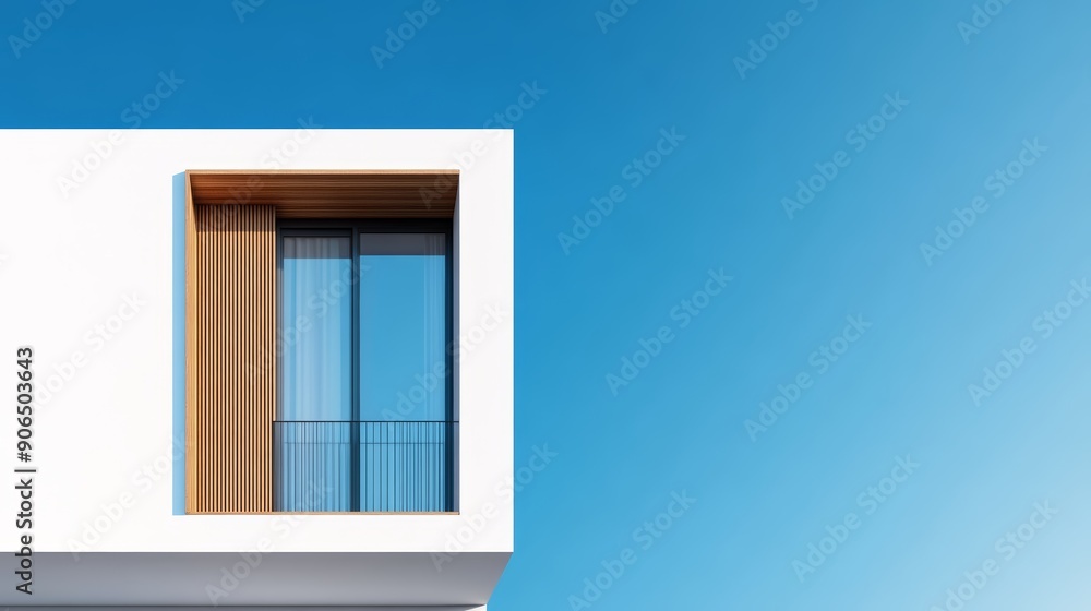 Obraz premium Modern facade, vertical window with wood detailing, sky in background, flat design illustration, high-resolution photo, realistic photo