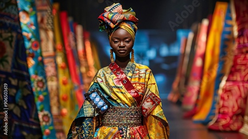 A vibrant model showcases traditional attire on a colorful runway, celebrating culture and fashion diversity.