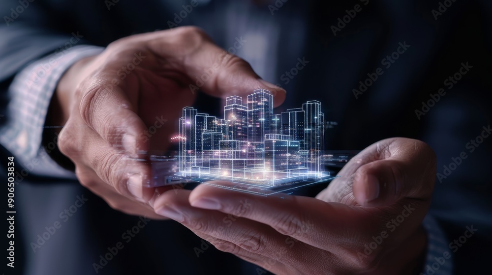 Hands Holding Virtual City Hologram Hands Holding Virtual City Hologram