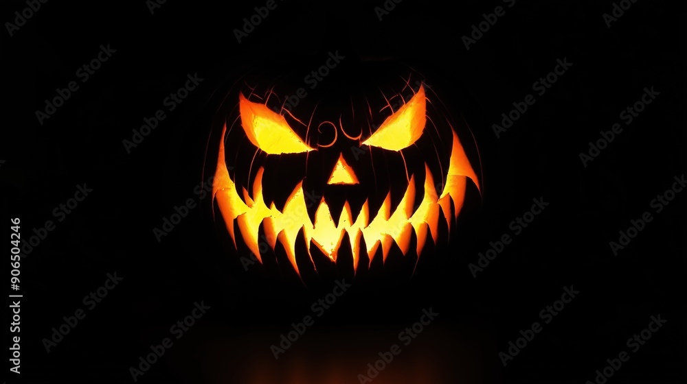 A jack-o'-lantern with a humorous carved face glows brightly against a pitch-black background A jack-o'-lantern with a humorous carved face glows brightly against a pitch-black background