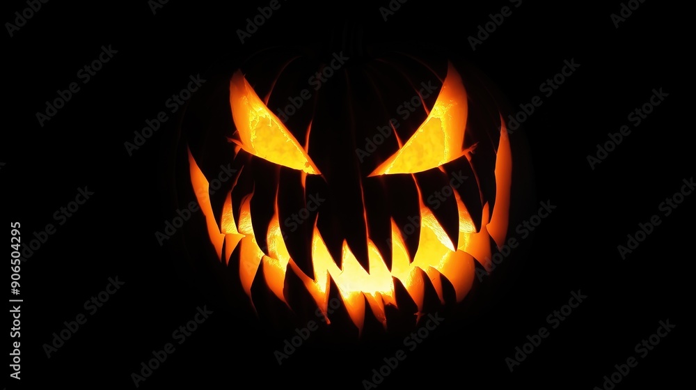 Fototapeta premium An intense jack-o'-lantern with evil eyes and sharp teeth glows ominously against a black background.