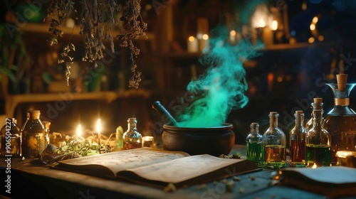 Detailed view of a potion crafting table with glowing bottles, mystical herbs, and a cauldron photo