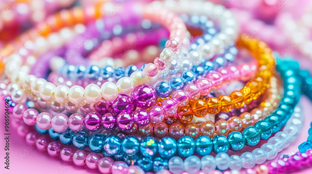 Kids' handmade beaded jewelry and a variety of multi-colored beads for children's needlework and crafts, neatly organized in boxes. DIY art activity for kids, enhancing motor skills, creativity, and h Kids' handmade beaded jewelry and a variety of multi-colored beads for children's needlework and crafts, neatly organized in boxes. DIY art activity for kids, enhancing motor skills, creativity, and h