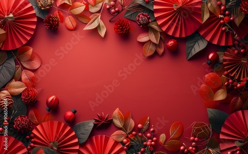 Festive red background with Chinese New Year elements, paper fans, and floral decorations
