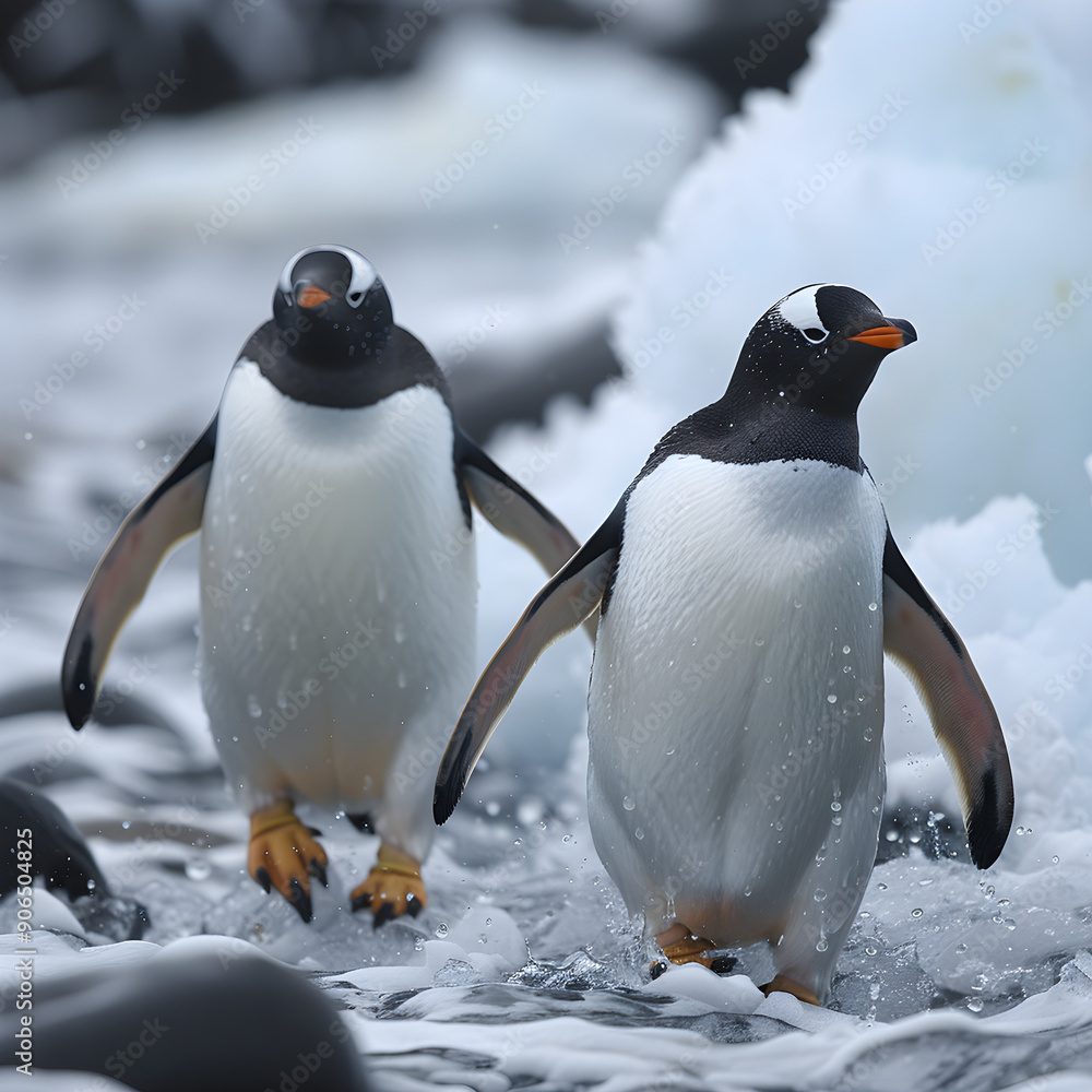 Fototapeta premium Two Gentoo penguins waddle side by side across an icy, rocky landscape. Their sleek, black and white plumage is accentuated by the cold, misty environment. The penguins appear to be on a journey, navi