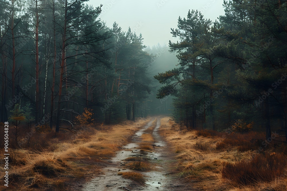 Obraz premium Serene Forest Pathway in Misty Wilderness