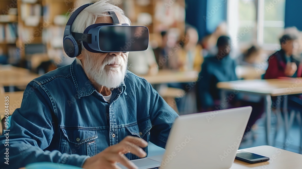 Elderly Man Using VR Headset in Modern Classroom Setting Elderly Man Using VR Headset in Modern Classroom Setting