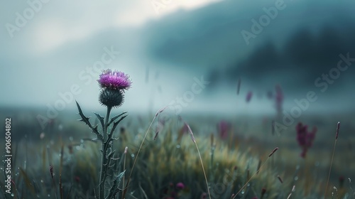 Wild Scottish thistle standing alone with blurry backdrop photo