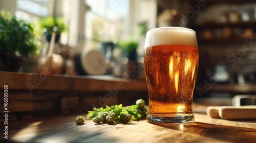 An inviting image of a freshly poured glass of home-brewed beer placed on a wooden counter, surrounded by brewing ingredients like hops and malt. The frothy head and golden color of the beer are photo