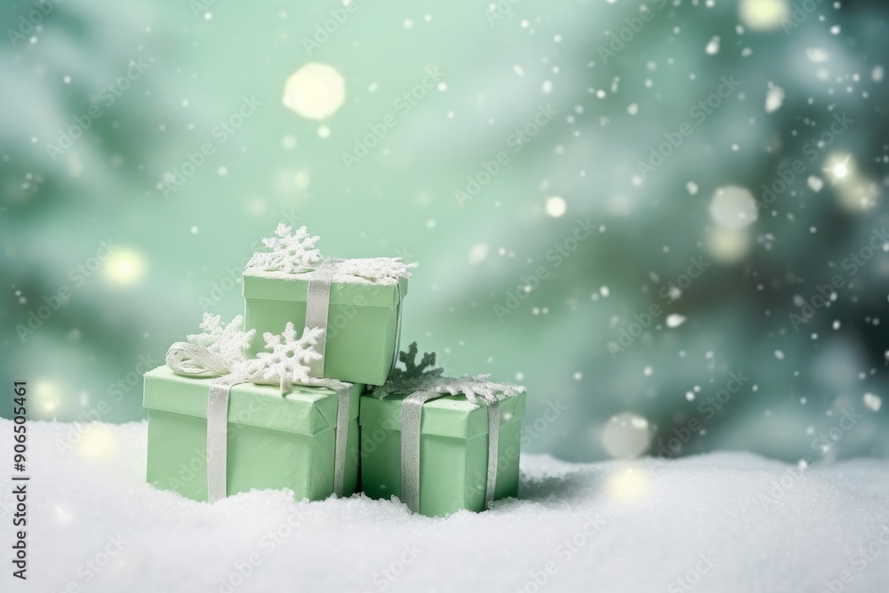 Green gift boxes with snow in winter settings.
Green gift boxes with snow in winter settings.