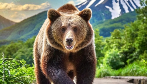 The Kamchatka brown bear or Ursus arctos piscator. Bear is coming towards the camera. Closeup of kamchatka brown bear. photo