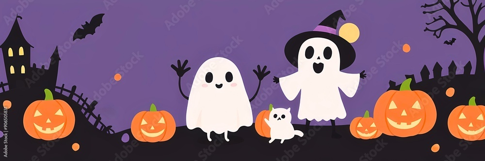 Fototapeta premium Happy Halloween with cute ghosts, spooky cat and pumpkins. Cartoon illustration for design, banner, template, artwork, background