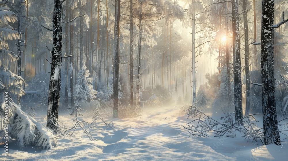 Winter forest scene with sunlight and frost Winter forest scene with sunlight and frost