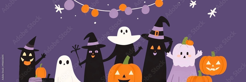Funny Halloween with cute cartoon characters of ghosts and pumpkins. Illustration for design, banner, template, artwork, background, wallpaper Funny Halloween with cute cartoon characters of ghosts and pumpkins. Illustration for design, banner, template, artwork, background, wallpaper