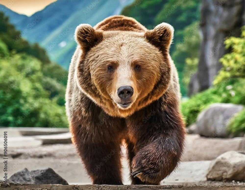 The Kamchatka brown bear or Ursus arctos piscator. Bear is coming towards the camera. Closeup of kamchatka brown bear. The Kamchatka brown bear or Ursus arctos piscator. Bear is coming towards the camera. Closeup of kamchatka brown bear.