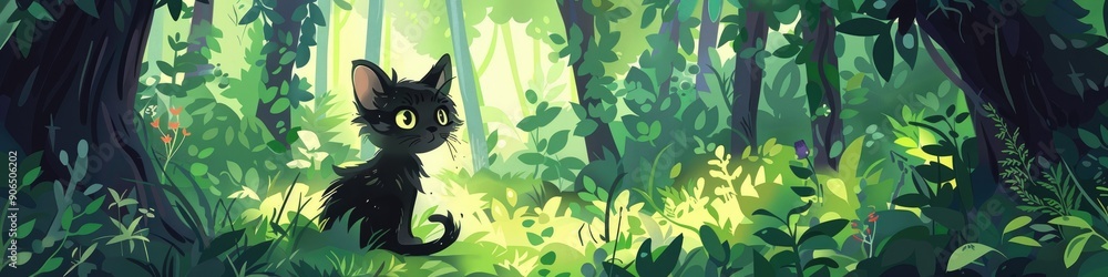 2D cartoon Black kitten discovered in the forest by its black cat guardians 2D cartoon Black kitten discovered in the forest by its black cat guardians