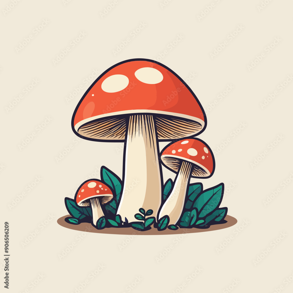 A drawing of orange mushrooms with green leaves and a brown background. A drawing of orange mushrooms with green leaves and a brown background.