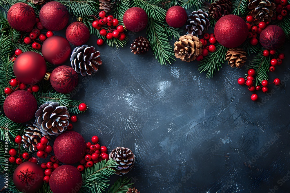 Festive Christmas Decorations with Red Ornaments, Pine Cones, and Greenery for Holiday Cards and Posters Festive Christmas Decorations with Red Ornaments, Pine Cones, and Greenery for Holiday Cards and Posters