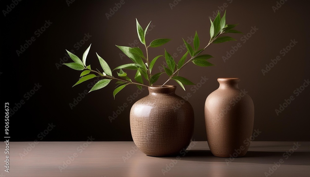 A minimalist still life photograph featuring two ceramic vases one with green branches against a neutral background A minimalist still life photograph featuring two ceramic vases one with green branches against a neutral background