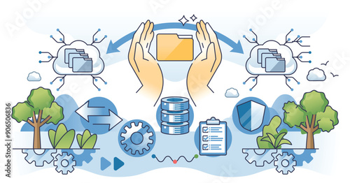 Data migration management and storage archive file upload outline concept. Transfer backup system with safe online cloud vector illustration. Selecting, preparing, extracting, and transforming data.
