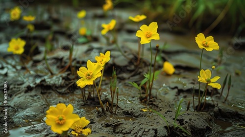 Yellow flowers covered in mud photo