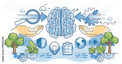 AI governance as artificial intelligence technology control outline concept. Modern technology standards management and regulation for EU user protection and data safety issues vector illustration.