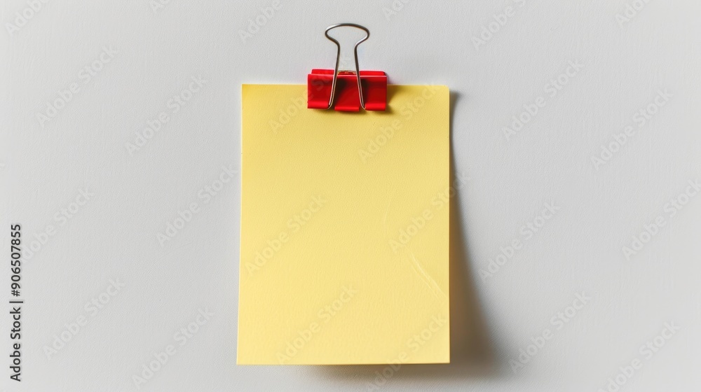 Yellow sticky note with red clamp on white backdrop Yellow sticky note with red clamp on white backdrop