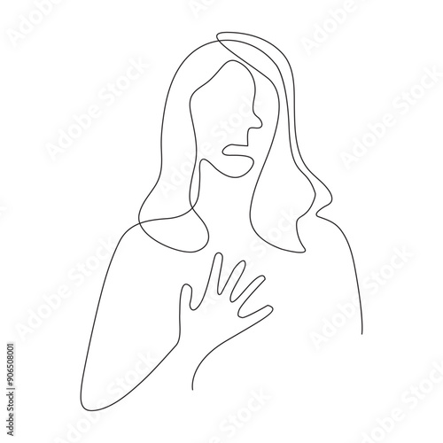 Continuous one line drawing of a breast cancer and pink ribbon.