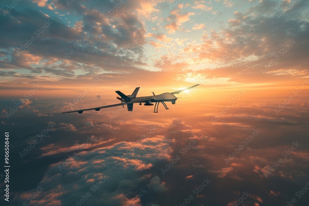 Naklejka premium Military drone flying above the clouds