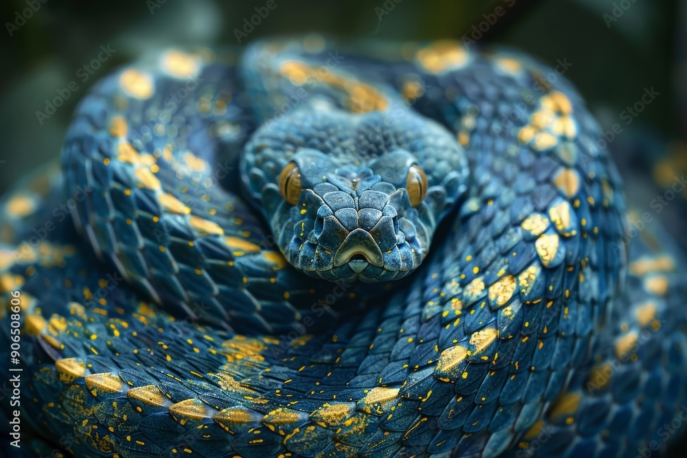 Colorful venomous snake coiled and resting on a branch Colorful venomous snake coiled and resting on a branch