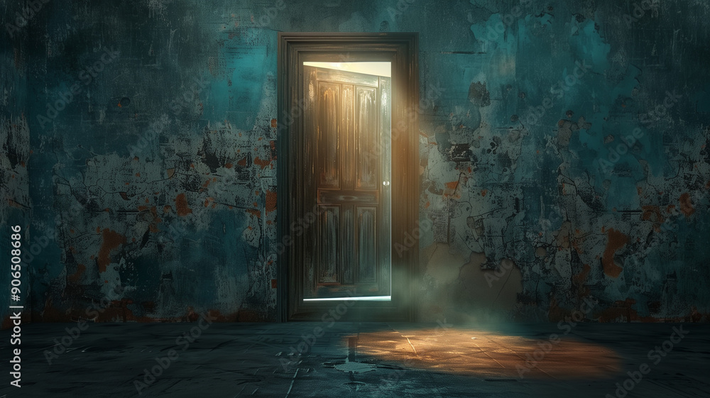 Old door with light through the ceiling on grunge wall Old door with light through the ceiling on grunge wall