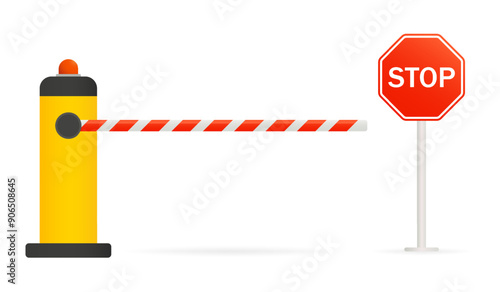 Red and white barrier on a yellow stand with red light and stop sign. Checkpoint, Restricted entry, closed access, private parking for official transport, paid, car park, document check. Vector