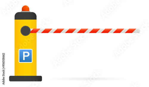 Red and white barrier on a yellow stand with red light. Checkpoint, Restricted entry, closed access, private parking for official transport, paid, car park, document check. Vector illustration