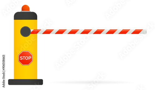 Red and white barrier on a yellow stand with red light and stop sign. Checkpoint, Restricted entry, closed access, private parking for official transport, paid, car park, document check. Vector