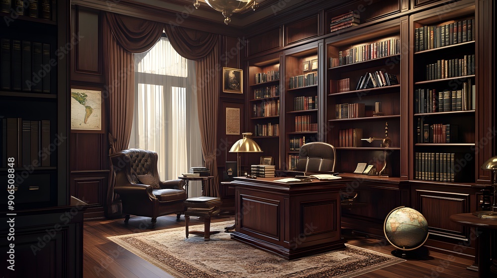 Elegant Study: A sophisticated home office with dark wood furniture, a large bookshelf filled with classic literature, and a globe or vintage map. This conveys a sense of intelligence and timeless ele Elegant Study: A sophisticated home office with dark wood furniture, a large bookshelf filled with classic literature, and a globe or vintage map. This conveys a sense of intelligence and timeless ele
