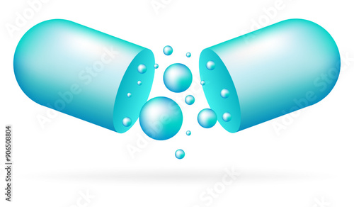 Blue open capsule. Soluble shell, drops inside, fluids, substance, medicine, pill, medicament, treatment, healthcare, vitamins, dietary supplements, science, chemistry, pharmacology. Vector