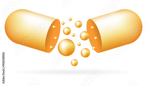 Yellow open capsule. Golden soluble shell, drops inside, fluids, substance, medicine, pill, medicament, treatment, healthcare, vitamins, dietary supplements, science, chemistry, pharmacology. Vector