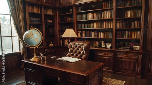 Elegant Study: A sophisticated home office with dark wood furniture, a large bookshelf filled with classic literature, and a globe or vintage map. This conveys a sense of intelligence and timeless ele photo