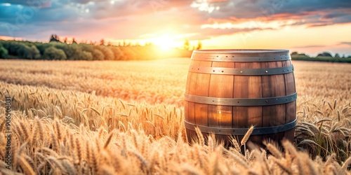 Mockup of wooden vintage beer barrel in the middle of wheat field with rye and blue cloudy sky in sunset colors. Background for beer and beverage advertising.