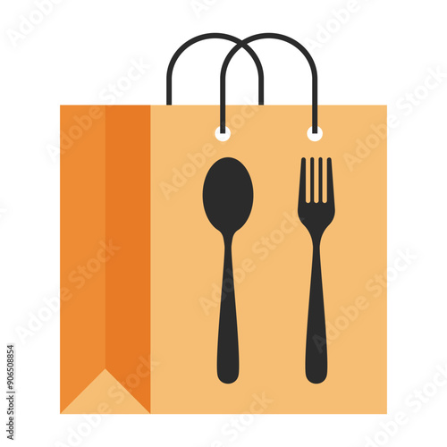 Paper bag with takeaway food. Fork and spoon. Delivery of ready meals, menu, restaurant, cafe, online shopping, supermarket, courier, grocery store, drink, beverage, dessert. Vector illustration