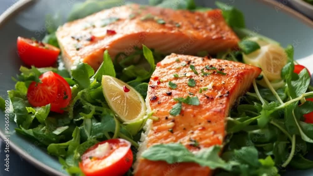 Baked or fried salmon and salad, Paleo, keto, fodmap, dash diet. Baked or fried salmon and salad, Paleo, keto, fodmap, dash diet.