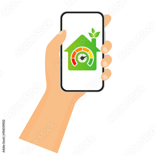 Smart home system. Hand holding telephone. Control, adjust, customize, multi colored scale, green house, temperature, air, hood, humidity, equipment, connected devices remote access lighting security