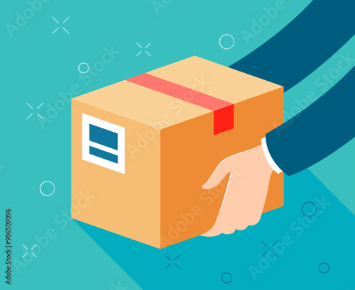 A cardboard box in someones hands. Courier, order delivery, parcel, shipping, online shopping, red tape, postal service, terminal, sticker with sender and recipient data, post office,