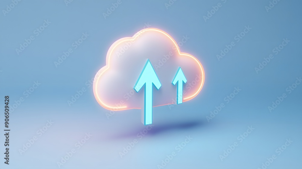3D illustration of cloud computing with two arrows and blue background, representing data upload and technology concept. 3D illustration of cloud computing with two arrows and blue background, representing data upload and technology concept.