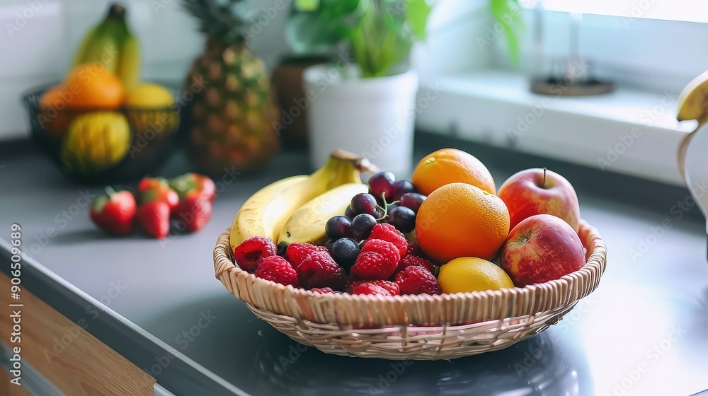 Basket of Mixed Fresh Fruits in Kitchen Basket of Mixed Fresh Fruits in Kitchen