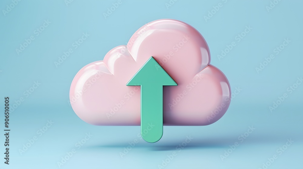 3D render of a pink cloud with an upward arrow, symbolizing cloud storage, upload, and technology, against a blue background. 3D render of a pink cloud with an upward arrow, symbolizing cloud storage, upload, and technology, against a blue background.