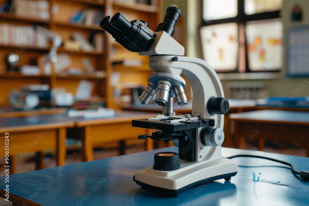 Fototapeta premium A microscope is on a table in a classroom