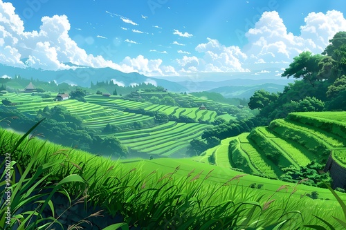 Serene Rice Terraces Under a Blue Sky